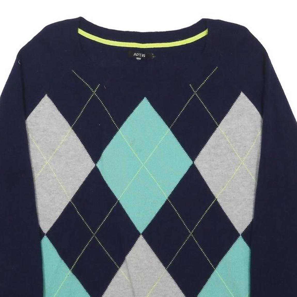 APT. 9 Womens Navy Blue Aqua Grey Patterned Crew Neck Basic Knit M Jumper