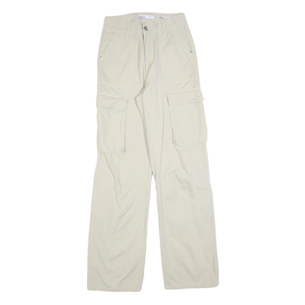 BERSHKA Womens Cotton Blend Relaxed Cargo Trousers Beige W25 L32 Casual Utility