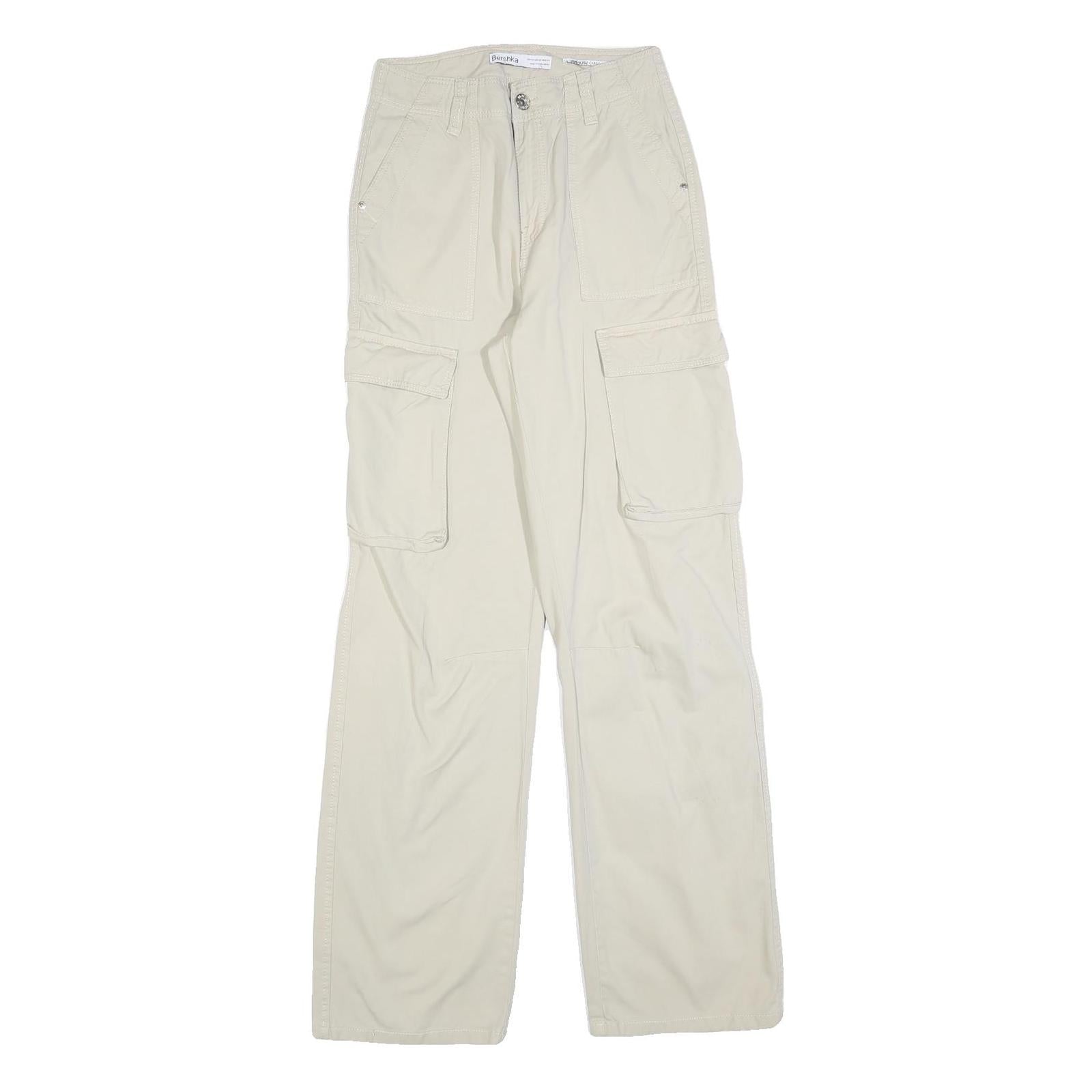 BERSHKA Womens Cotton Blend Relaxed Cargo Trousers Beige W25 L32 Casual Utility