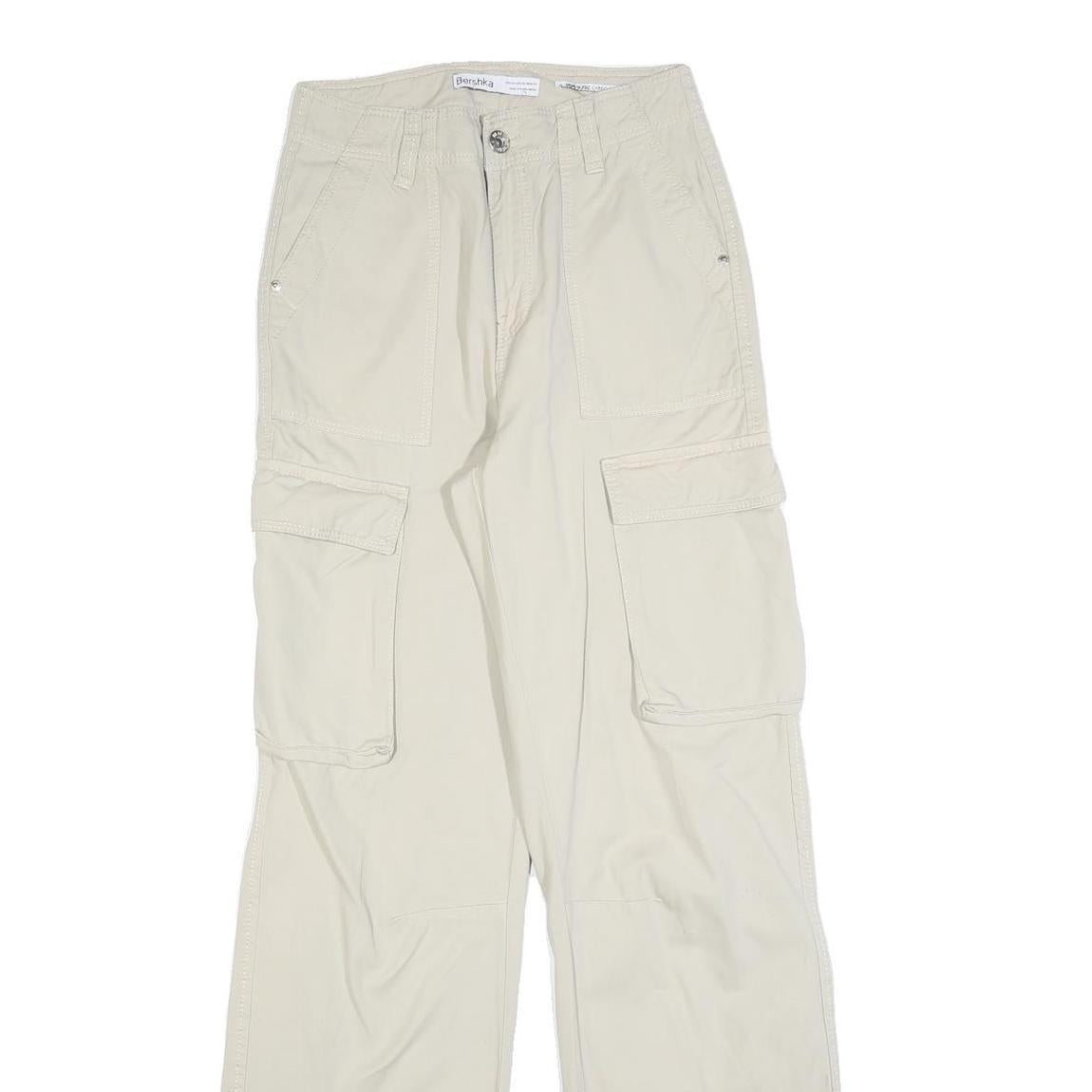 BERSHKA Womens Cotton Blend Relaxed Cargo Trousers Beige W25 L32 Casual Utility
