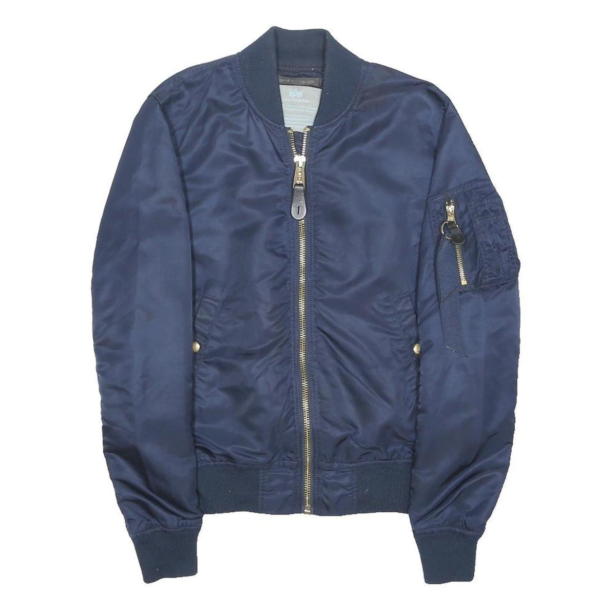 ALPHA INDUSTRIES Mens Navy Bomber Jacket S Nylon Plain Zip Sleeve Pocket