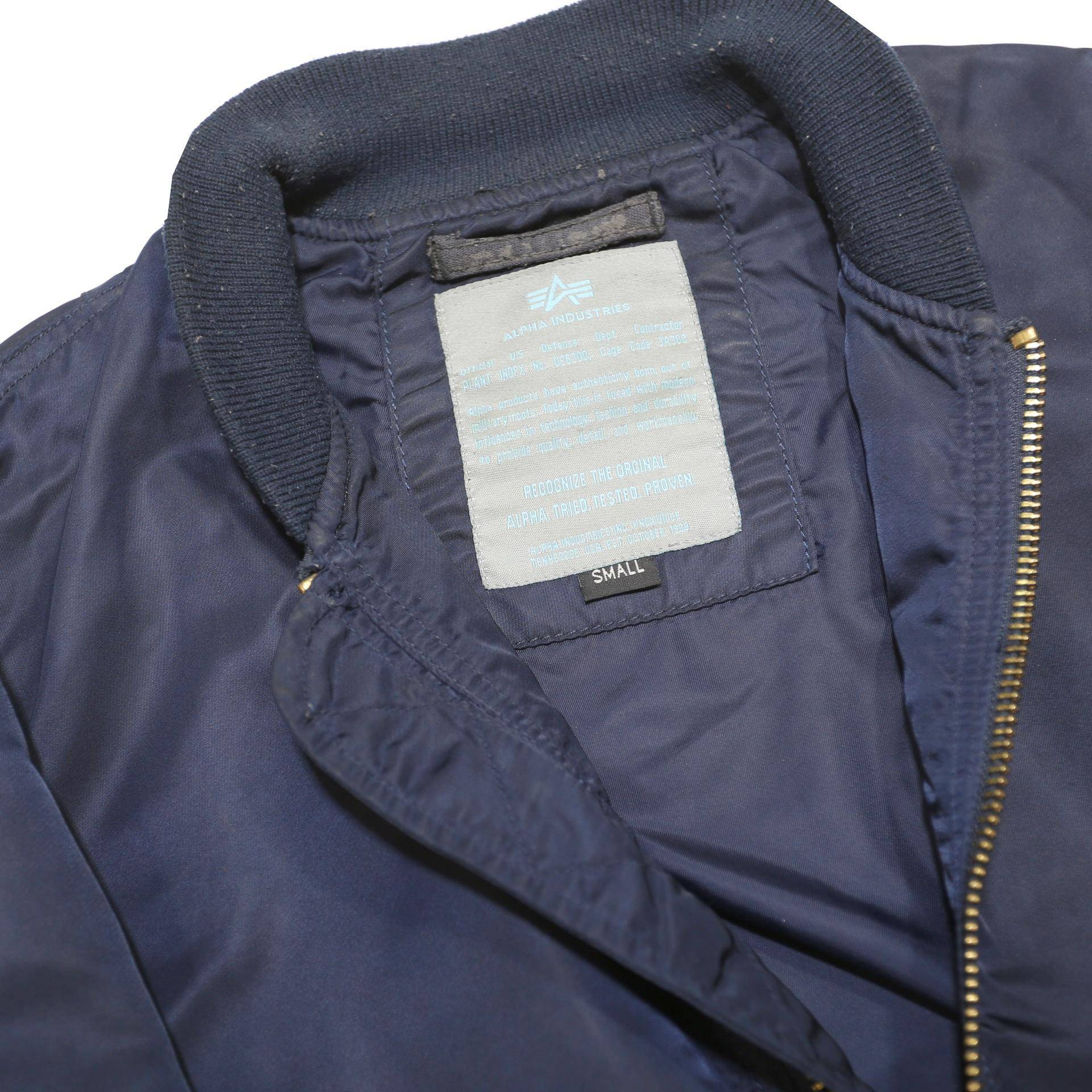 ALPHA INDUSTRIES Mens Navy Bomber Jacket S Nylon Plain Zip Sleeve Pocket