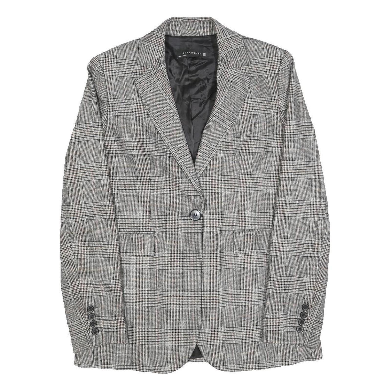ZARA BASIC Womens Grey Check Blazer Jacket S Woven Classic Button Closure