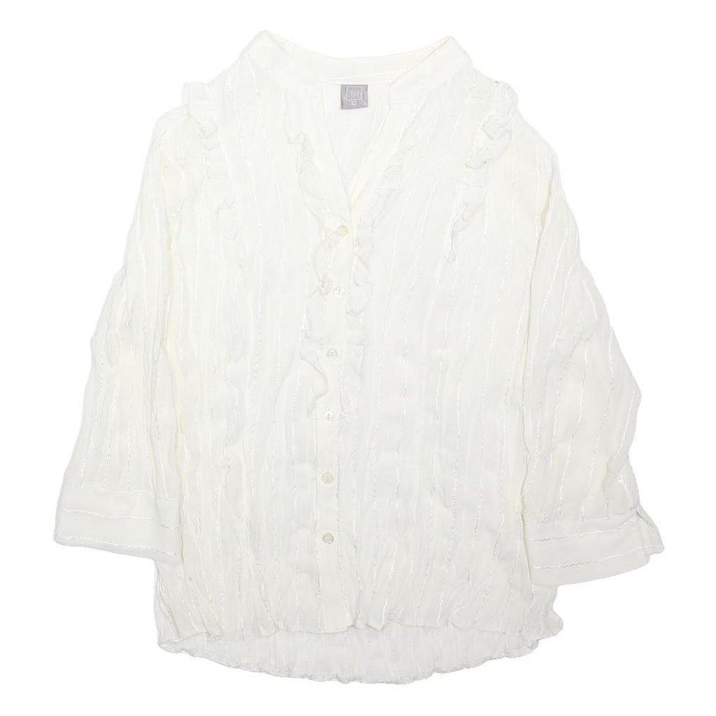 TU Womens White Cotton Blend Ruffle Shirt 3/4 Sleeve V-Neck UK 12 Lightweight