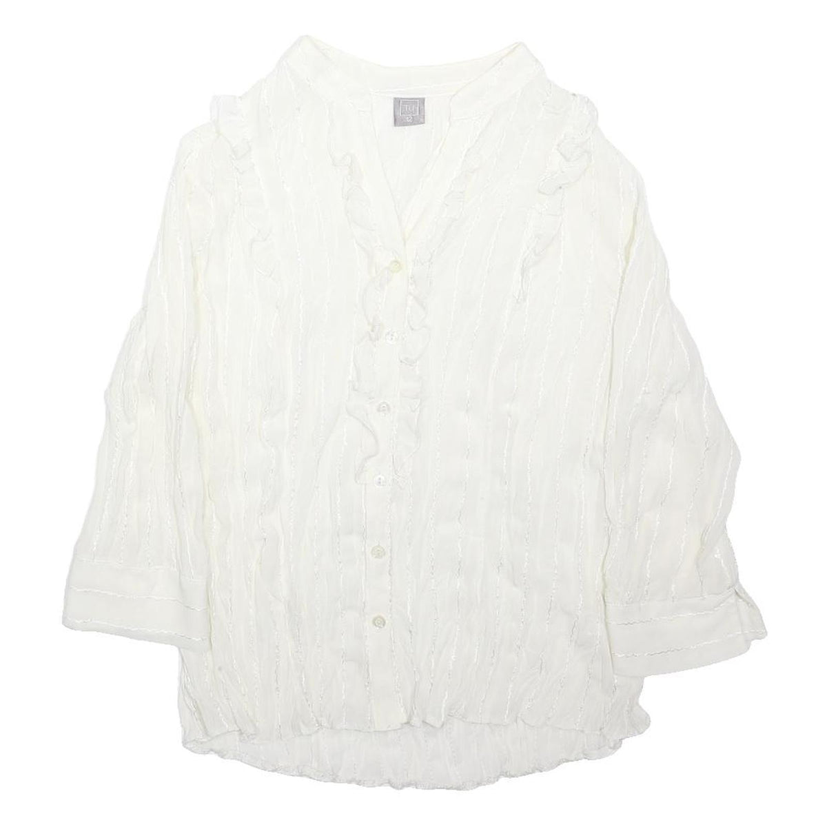 TU Womens White Cotton Blend Ruffle Shirt 3/4 Sleeve V-Neck UK 12 Lightweight