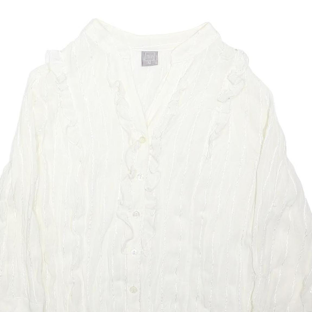 TU Womens White Cotton Blend Ruffle Shirt 3/4 Sleeve V-Neck UK 12 Lightweight