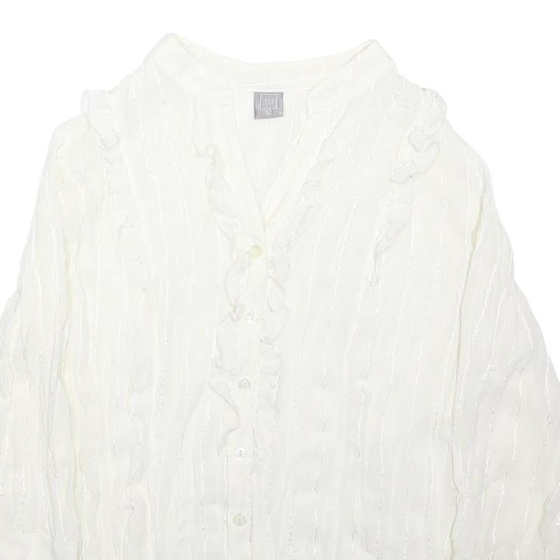 TU Womens White Cotton Blend Ruffle Shirt 3/4 Sleeve V-Neck UK 12 Lightweight