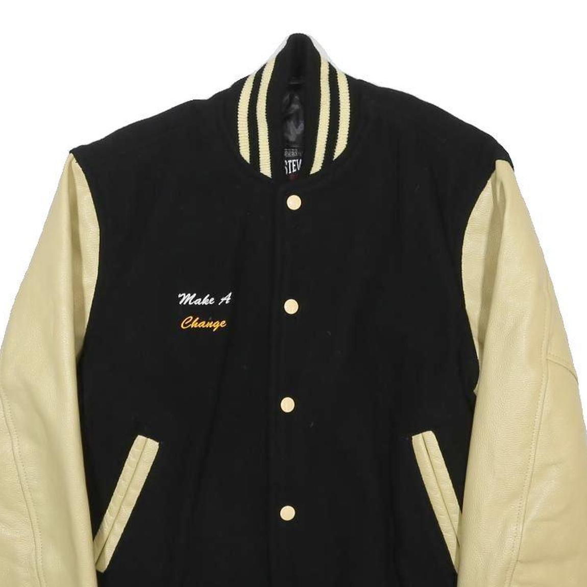 STEWART & STRAUSS Mens Black & Cream Varsity Wool Blend Jacket S Button Plain