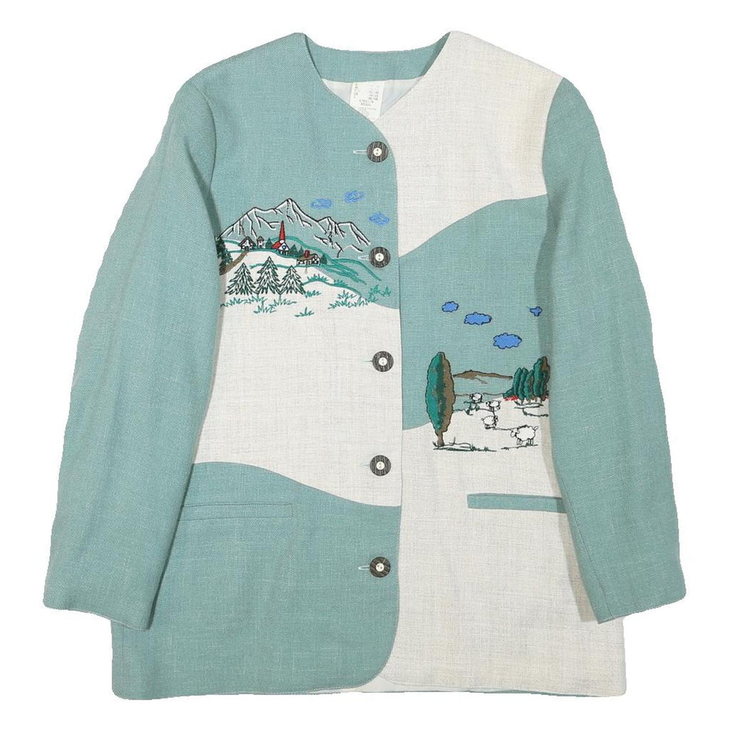 Womens Blue & White Embroidered Linen Blend Button Jacket M Plain Pastoral Scene