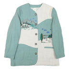 Womens Blue & White Embroidered Linen Blend Button Jacket M Plain Pastoral Scene