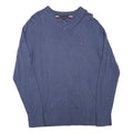 TOMMY HILFIGER Mens Blue Plain V-Neck Basic Knit Jumper L Cotton Blend Classic