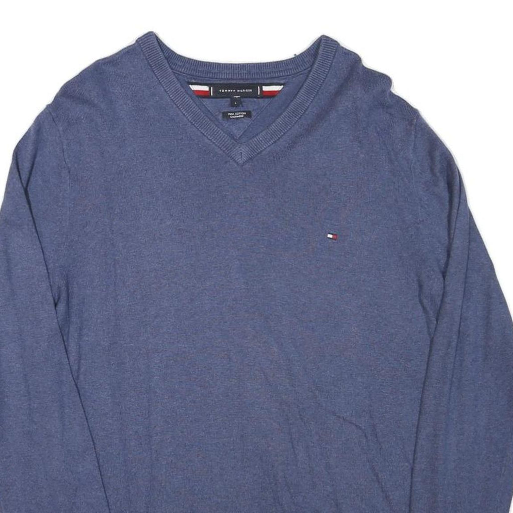 TOMMY HILFIGER Mens Blue Plain V-Neck Basic Knit Jumper L Cotton Blend Classic