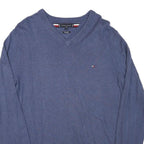 TOMMY HILFIGER Mens Blue Plain V-Neck Basic Knit Jumper L Cotton Blend Classic