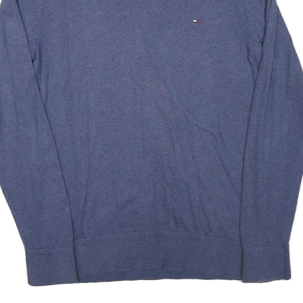 TOMMY HILFIGER Mens Blue Plain V-Neck Basic Knit Jumper L Cotton Blend Classic