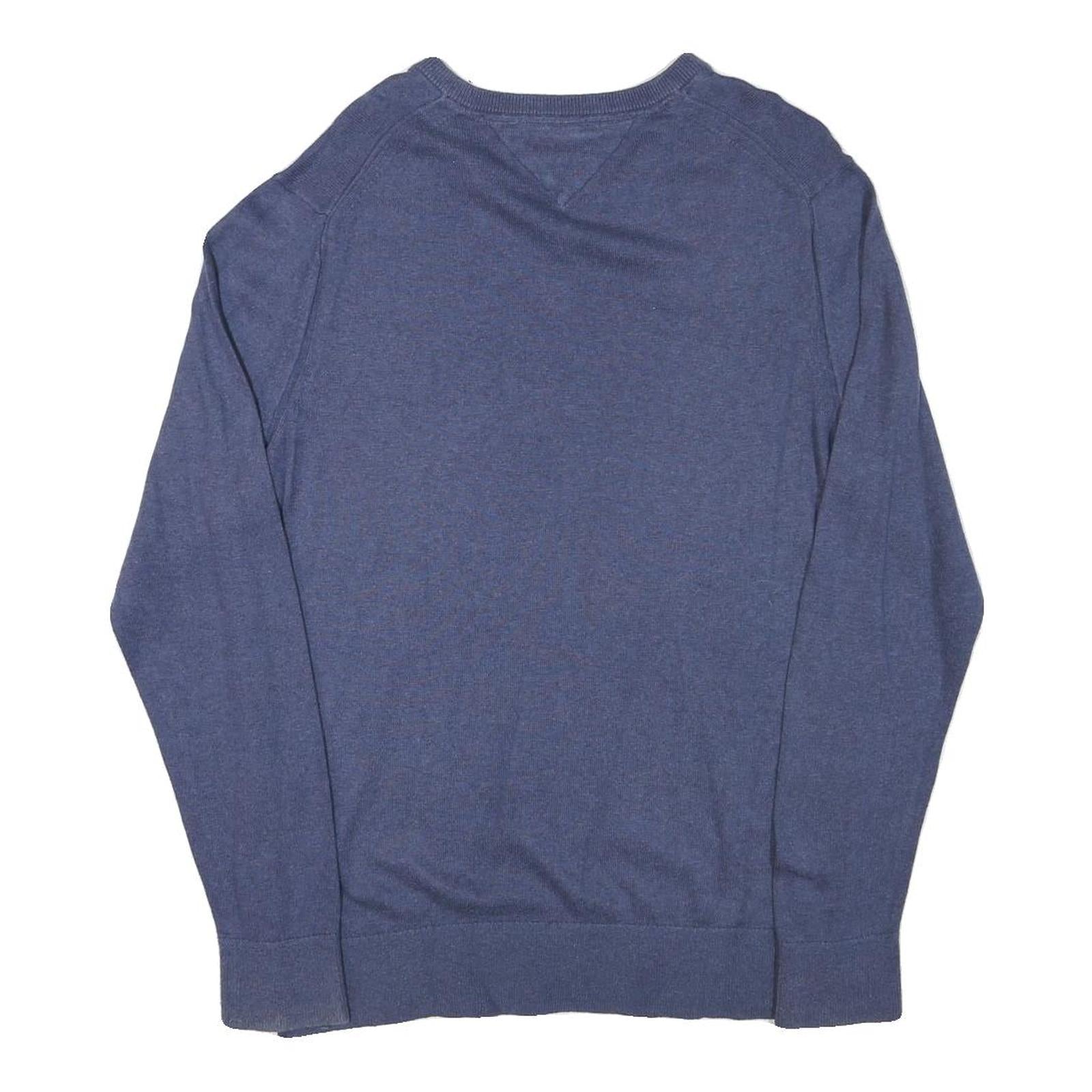 TOMMY HILFIGER Mens Blue Plain V-Neck Basic Knit Jumper L Cotton Blend Classic
