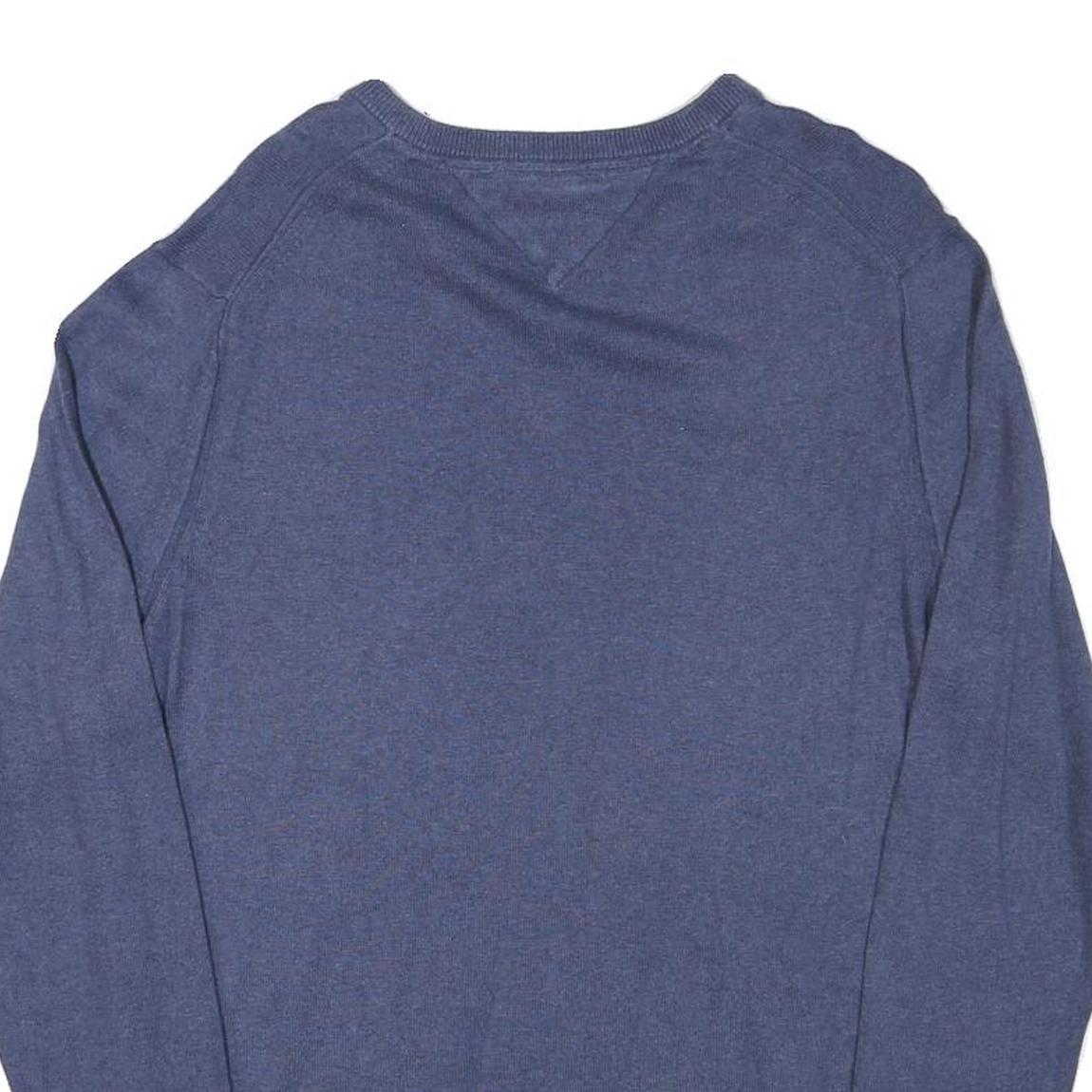 TOMMY HILFIGER Mens Blue Plain V-Neck Basic Knit Jumper L Cotton Blend Classic