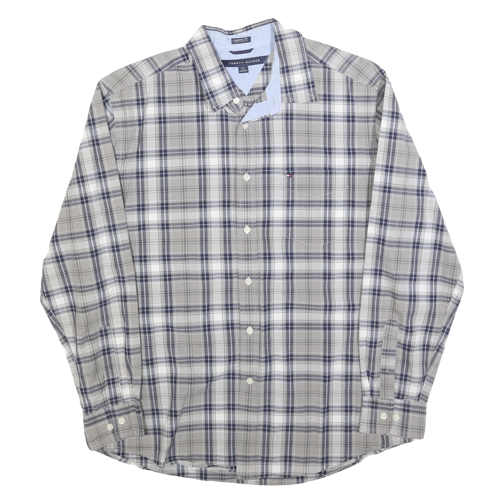 TOMMY HILFIGER Mens Beige & Blue Classic Fit L Plaid Cotton Blend Shirt Long
