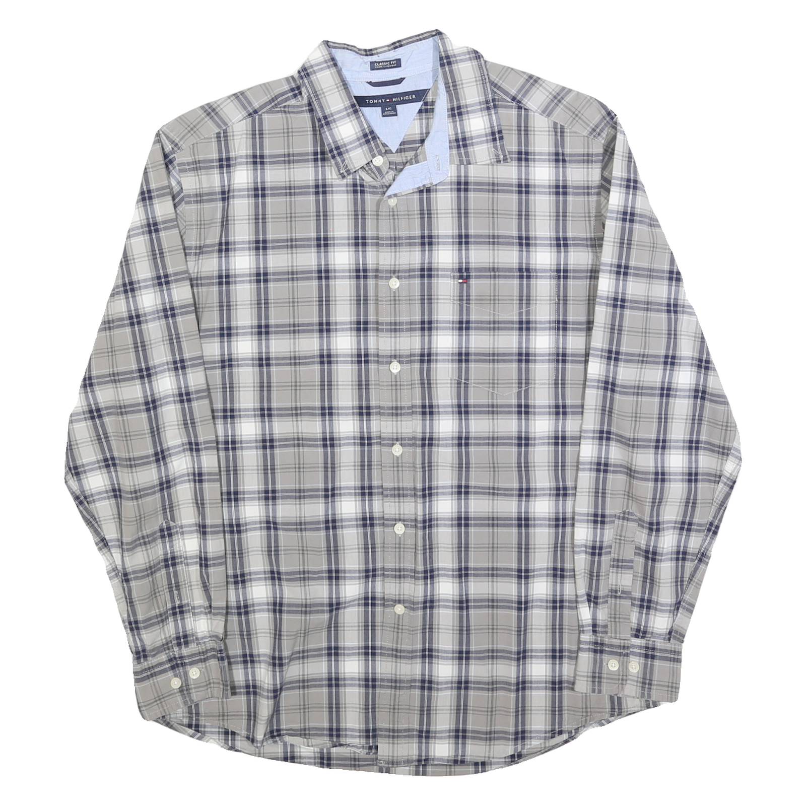 TOMMY HILFIGER Mens Beige & Blue Classic Fit L Plaid Cotton Blend Shirt Long