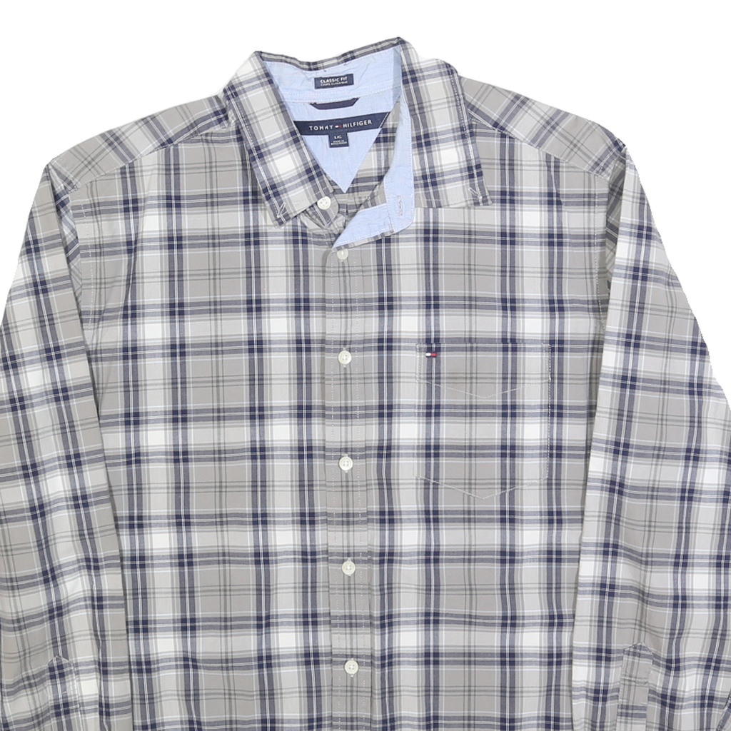 TOMMY HILFIGER Mens Beige & Blue Classic Fit L Plaid Cotton Blend Shirt Long