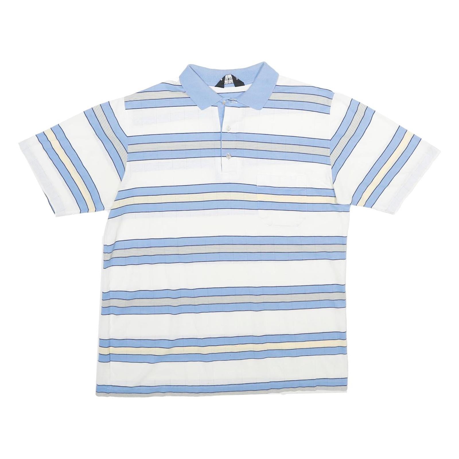 JANTZEN Mens White & Light Blue Striped Short Sleeve Polo Shirt L Casual Cotton