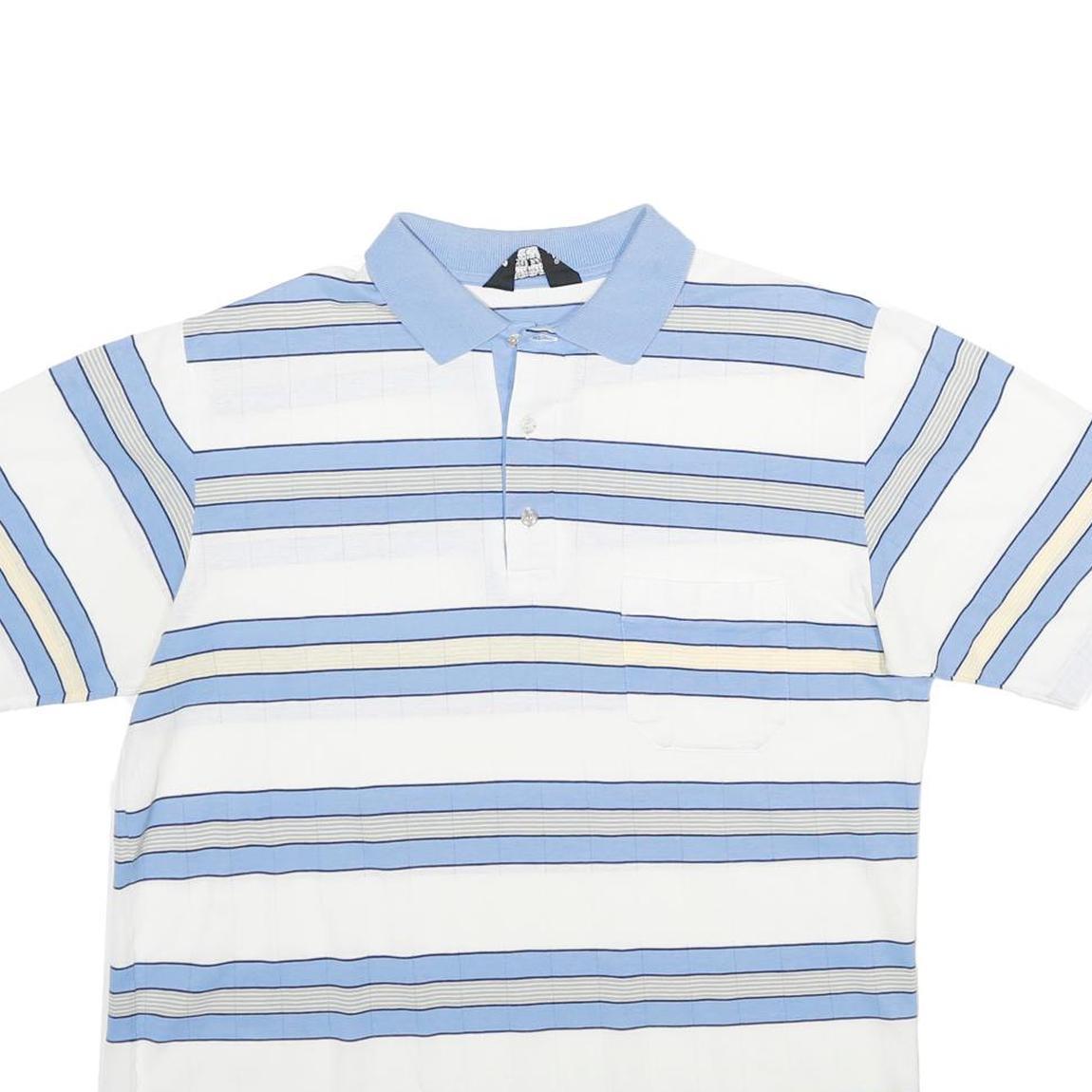 JANTZEN Mens White & Light Blue Striped Short Sleeve Polo Shirt L Casual Cotton