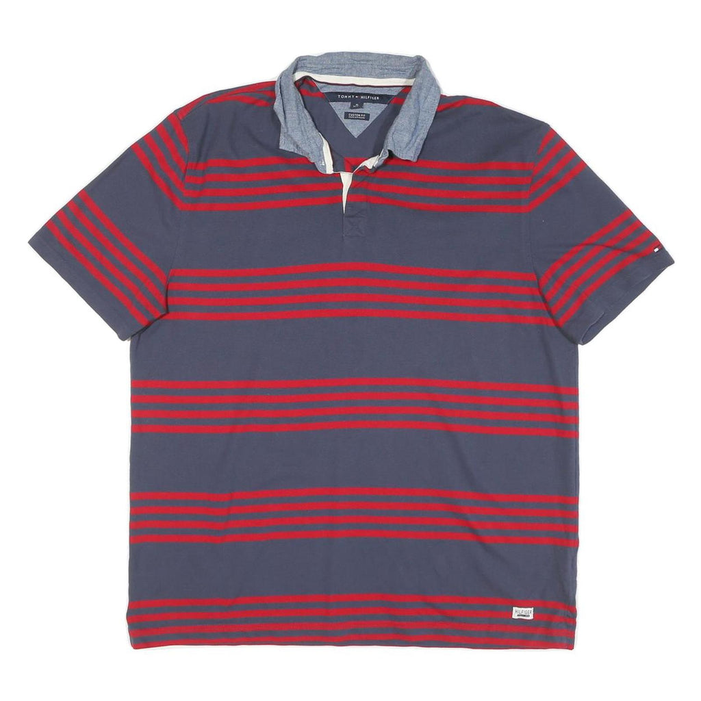 TOMMY HILFIGER Mens Blue & Red Striped Short Sleeve Polo Shirt XL Cotton Blend