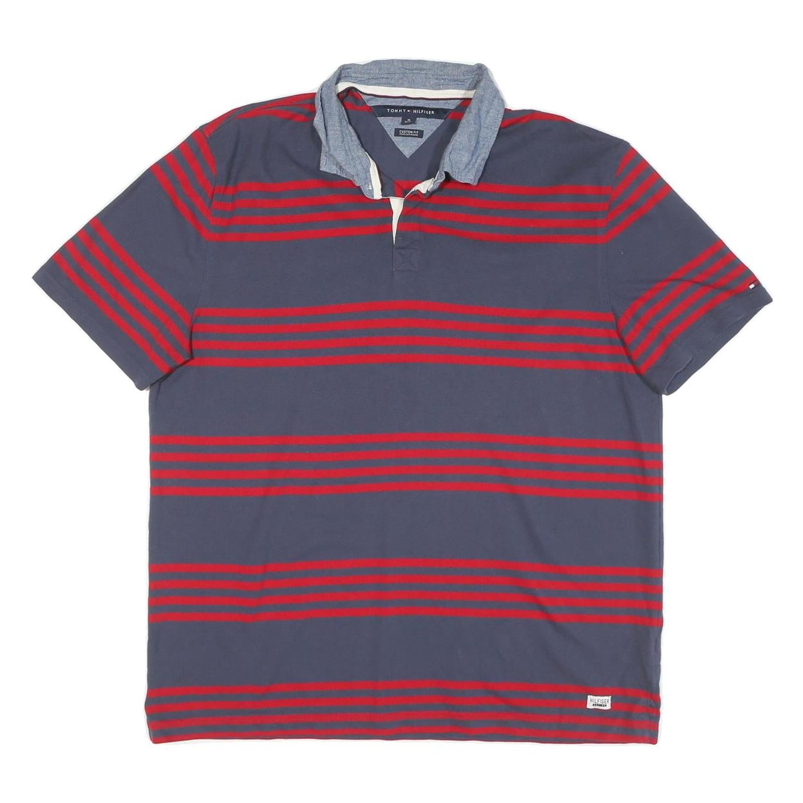 TOMMY HILFIGER Mens Blue & Red Striped Short Sleeve Polo Shirt XL Cotton Blend