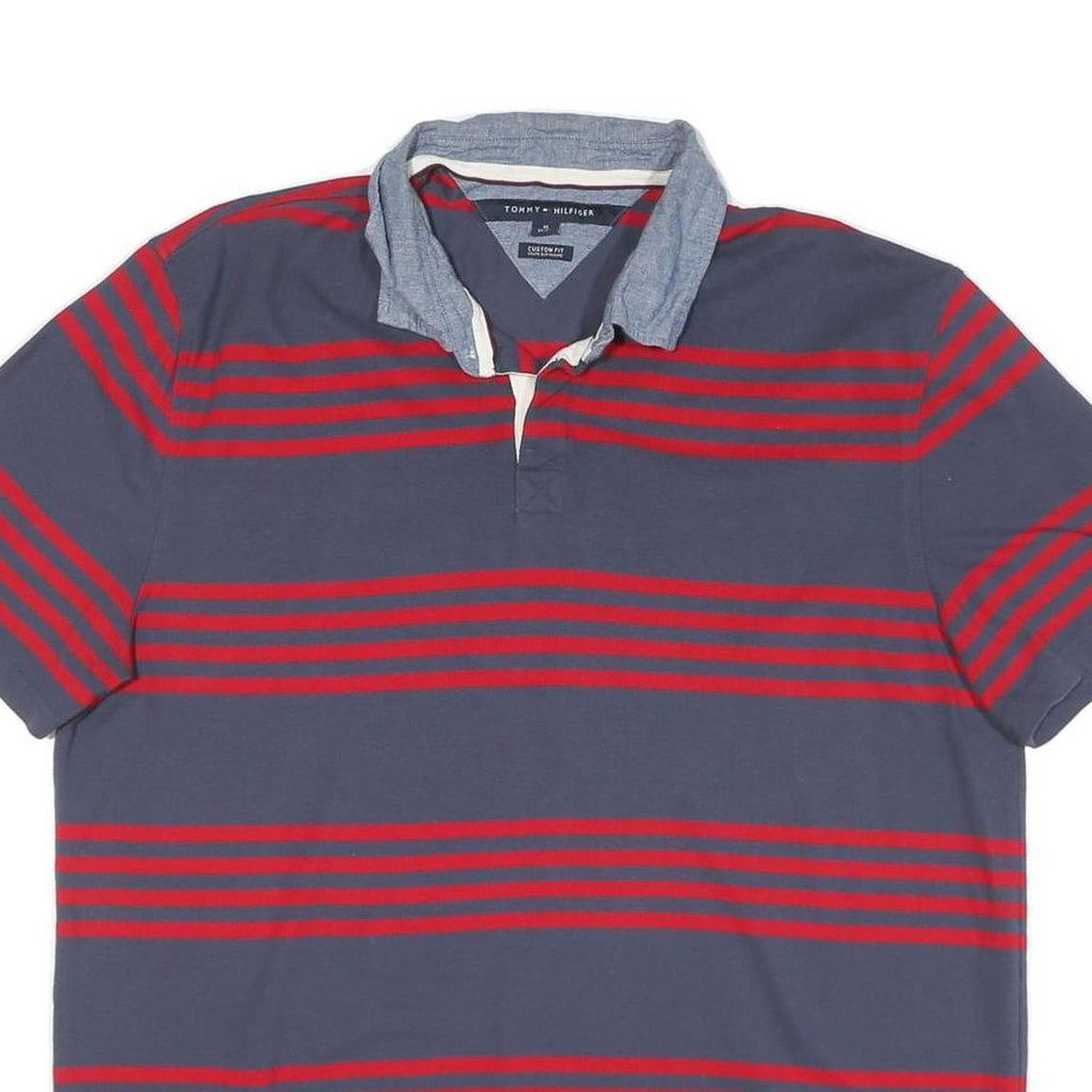 TOMMY HILFIGER Mens Blue & Red Striped Short Sleeve Polo Shirt XL Cotton Blend