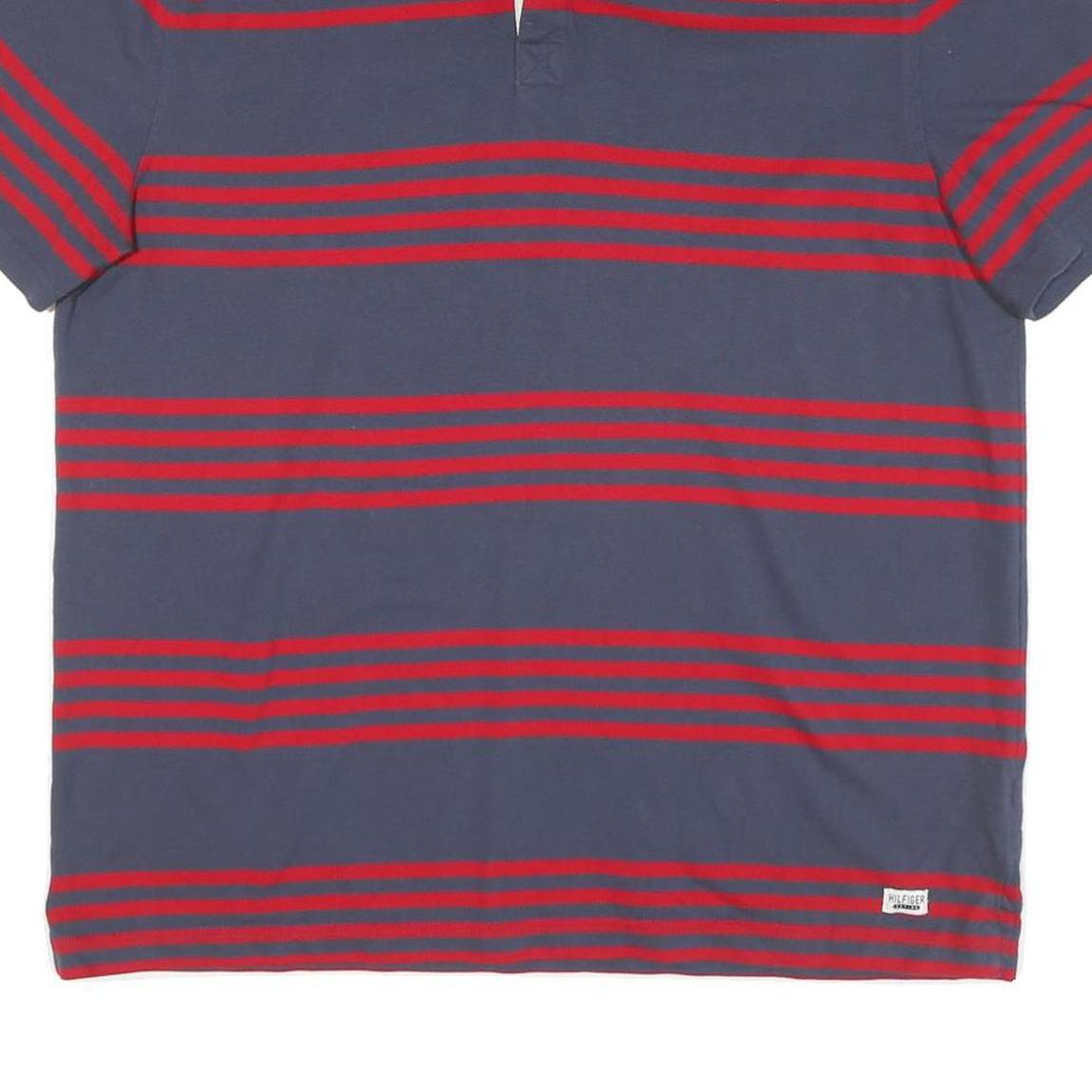 TOMMY HILFIGER Mens Blue & Red Striped Short Sleeve Polo Shirt XL Cotton Blend