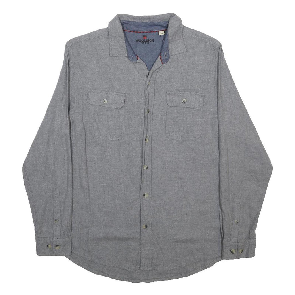 WOOLRICH Mens Grey Blue Cotton Shirt L Button Pocket Casual Workwear