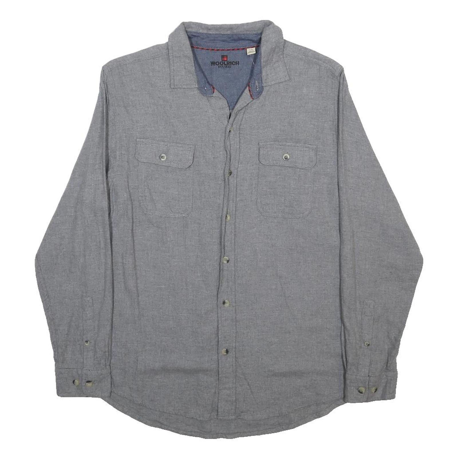 WOOLRICH Mens Grey Blue Cotton Shirt L Button Pocket Casual Workwear