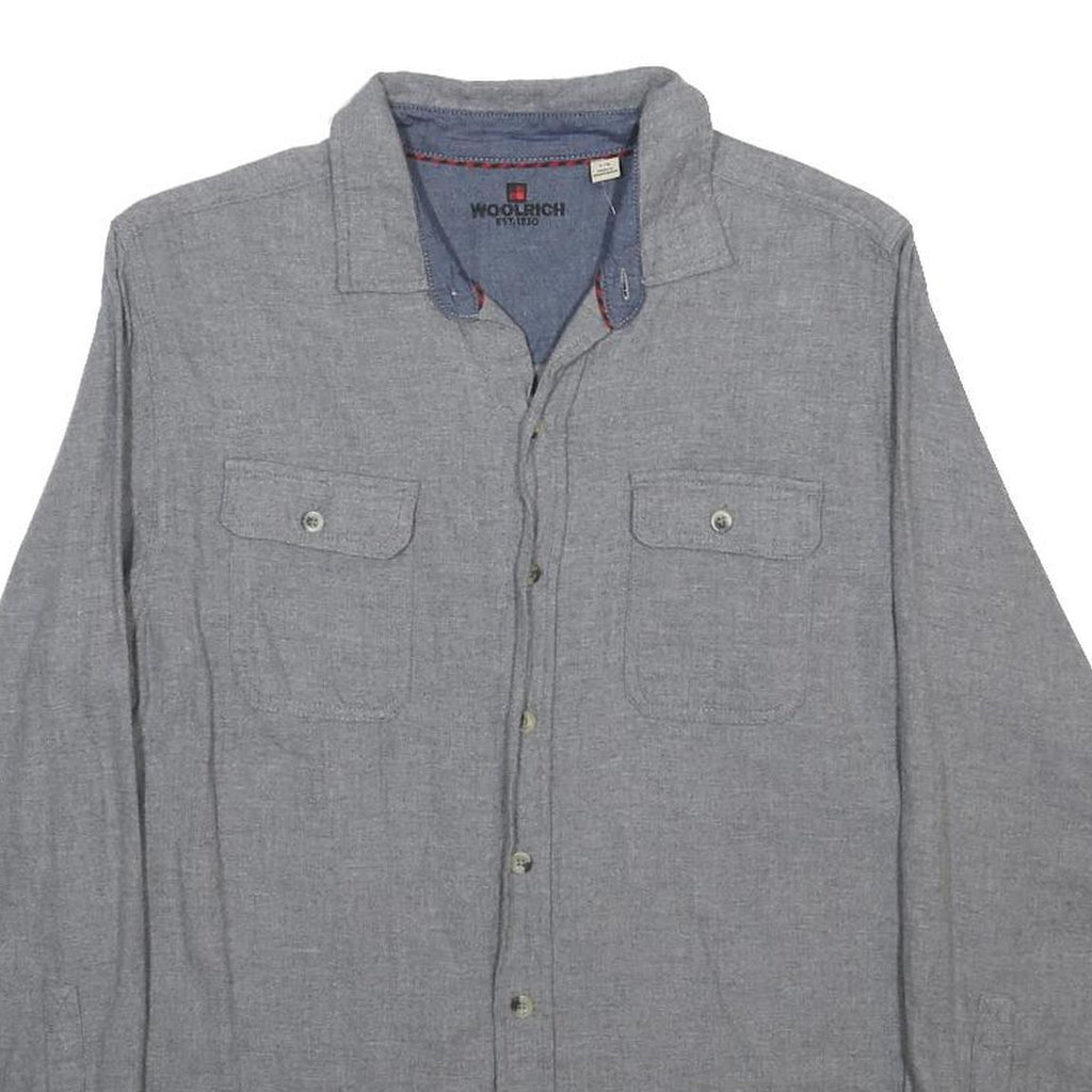 WOOLRICH Mens Grey Blue Cotton Shirt L Button Pocket Casual Workwear