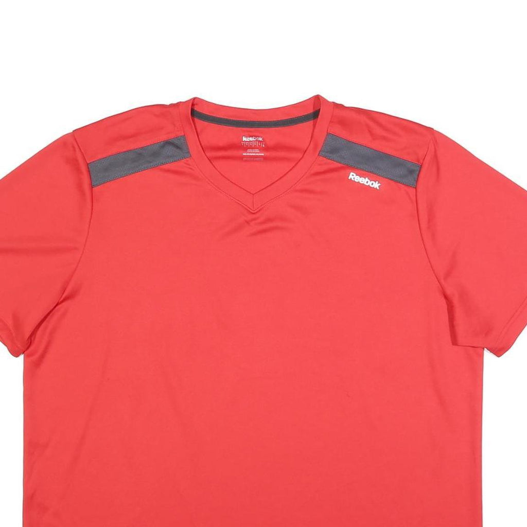 REEBOK Mens Red Athletic T-Shirt L Short Sleeve V-Neck Sports Gym Top