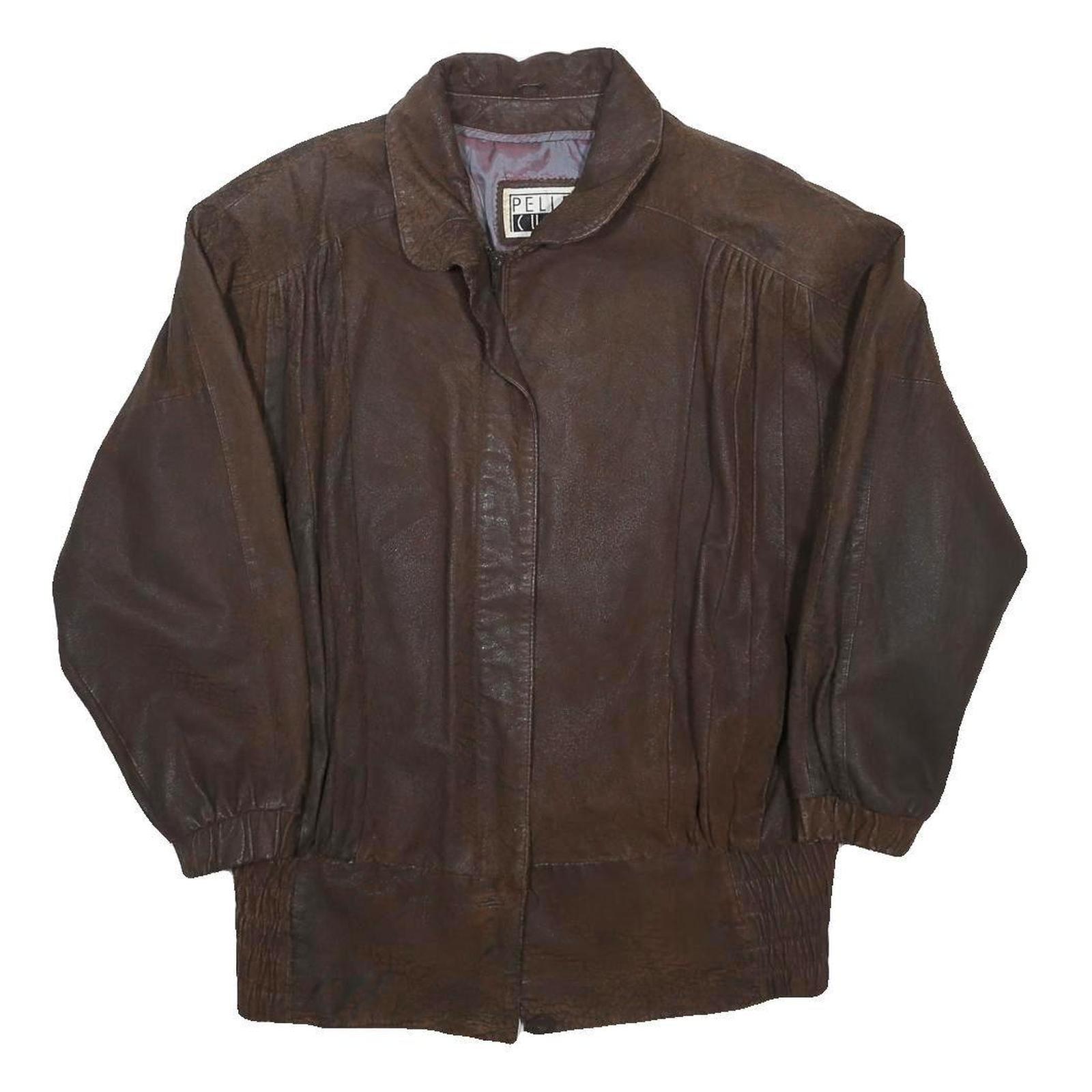 PELLE CUIR Mens Brown Leather Bomber Jacket M Leather Zip Stand-Up Collar