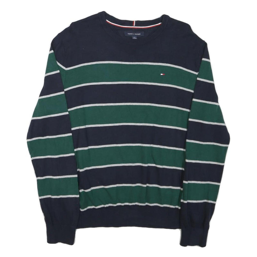TOMMY HILFIGER Mens Blue & Green Striped Pattern Crew Neck Basic Knit Jumper L