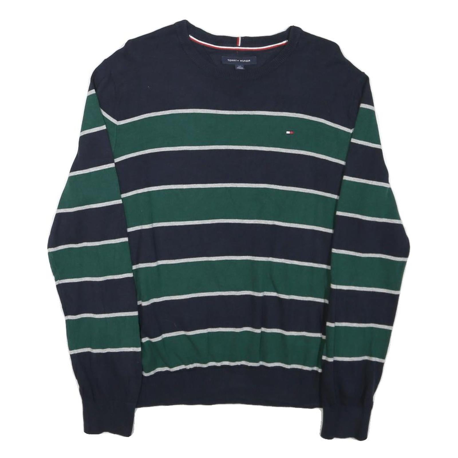 TOMMY HILFIGER Mens Blue & Green Striped Pattern Crew Neck Basic Knit Jumper L
