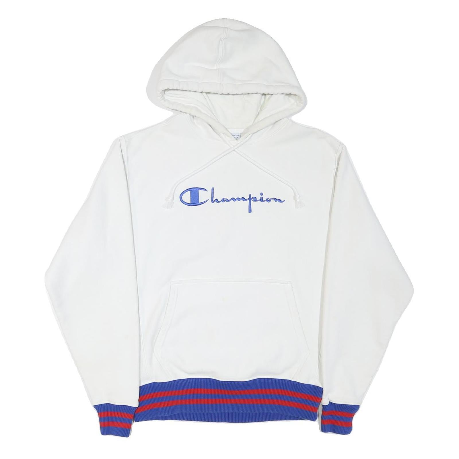 CHAMPION Mens White Blue & Red Hoodie M Cotton Blend Classic Pullover