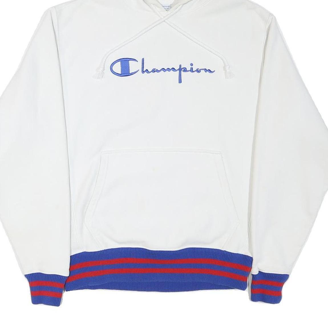 CHAMPION Mens White Blue & Red Hoodie M Cotton Blend Classic Pullover