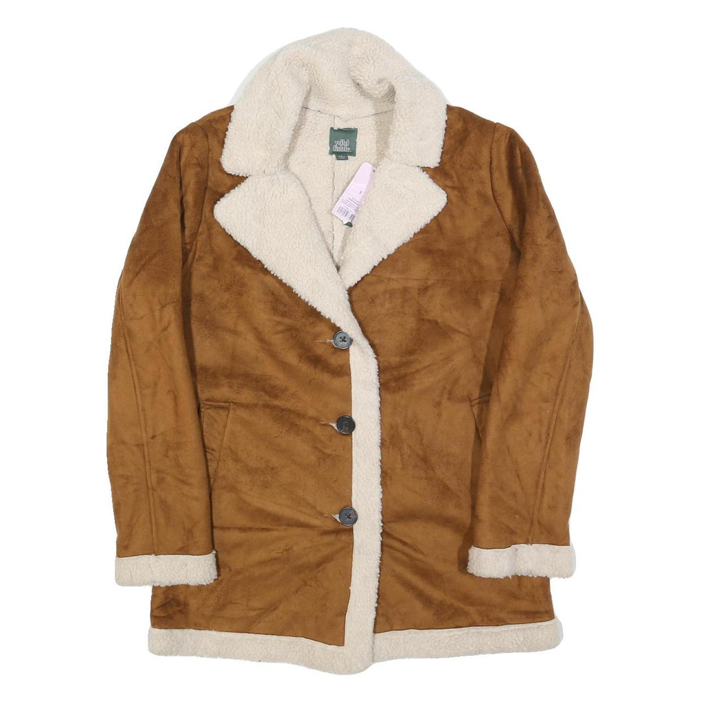 WILD FABLE Womens Brown & Cream Faux Shearling Button Jacket S Polyester Sherpa