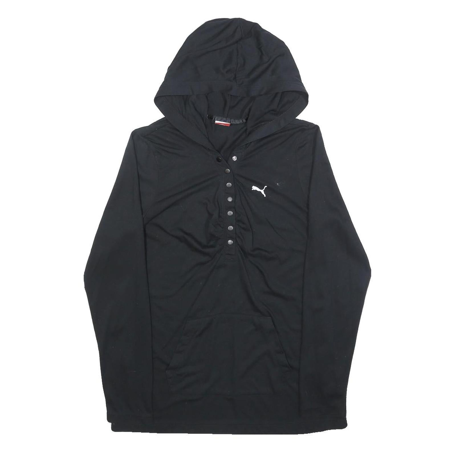 PUMA Womens Black Hooded Pullover Hoodie UK 14 Button Front Logo