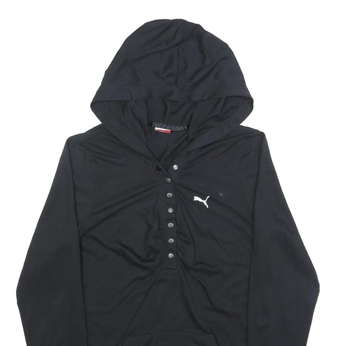 PUMA Womens Black Hooded Pullover Hoodie UK 14 Button Front Logo