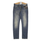SMK Mens Slim Blue Denim Jeans W32 L32 Stylish Distressed with Leather Detail
