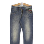 SMK Mens Slim Blue Denim Jeans W32 L32 Stylish Distressed with Leather Detail