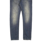 SMK Mens Slim Blue Denim Jeans W32 L32 Stylish Distressed with Leather Detail