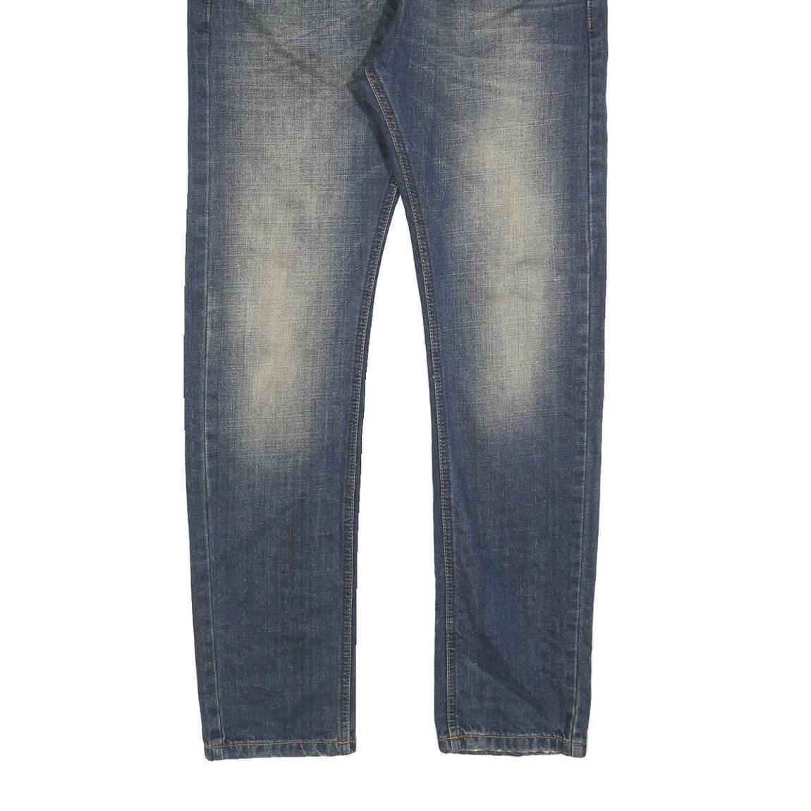 SMK Mens Slim Blue Denim Jeans W32 L32 Stylish Distressed with Leather Detail