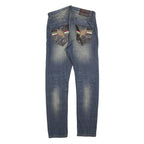 SMK Mens Slim Blue Denim Jeans W32 L32 Stylish Distressed with Leather Detail