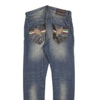 SMK Mens Slim Blue Denim Jeans W32 L32 Stylish Distressed with Leather Detail
