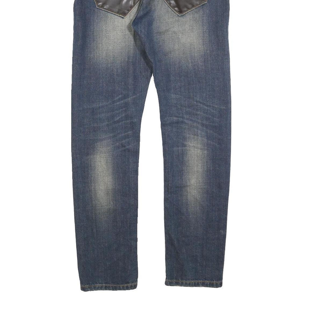 SMK Mens Slim Blue Denim Jeans W32 L32 Stylish Distressed with Leather Detail