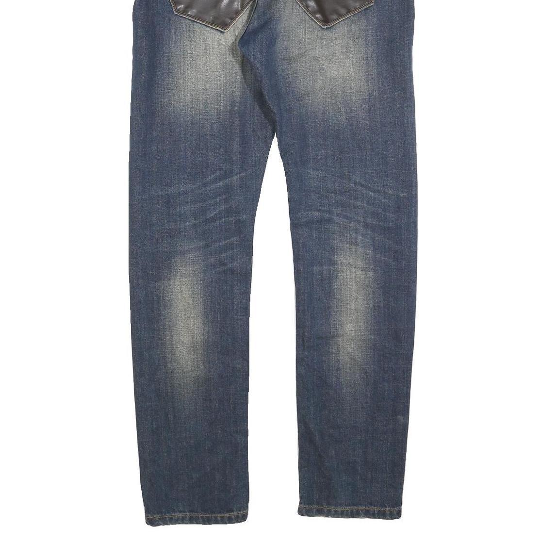 SMK Mens Slim Blue Denim Jeans W32 L32 Stylish Distressed with Leather Detail