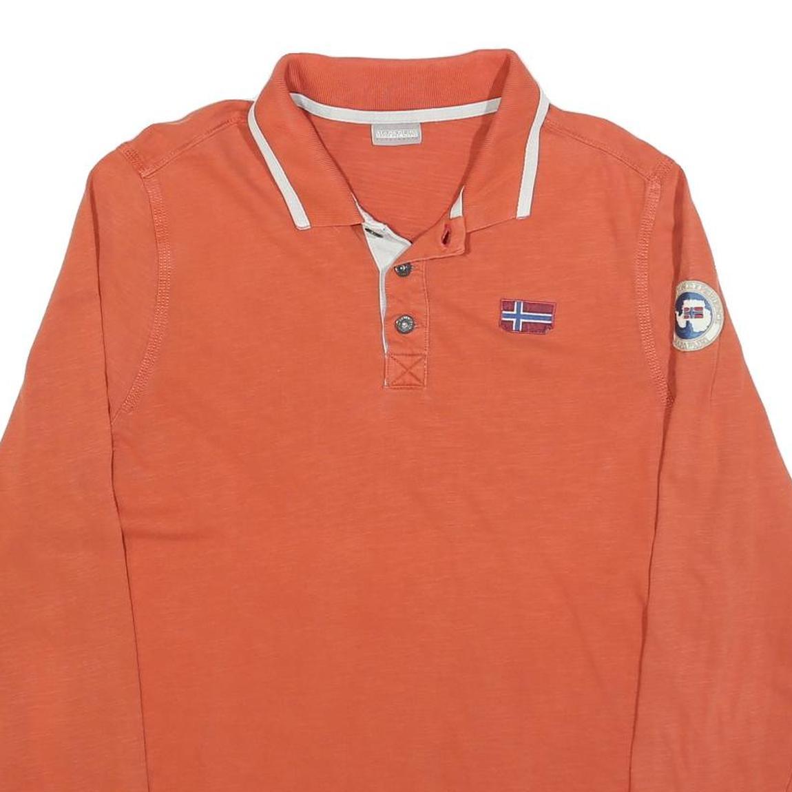 NAPAPIJRI Mens Orange Long Sleeve Plain Polo Shirt L Cotton Blend Casual